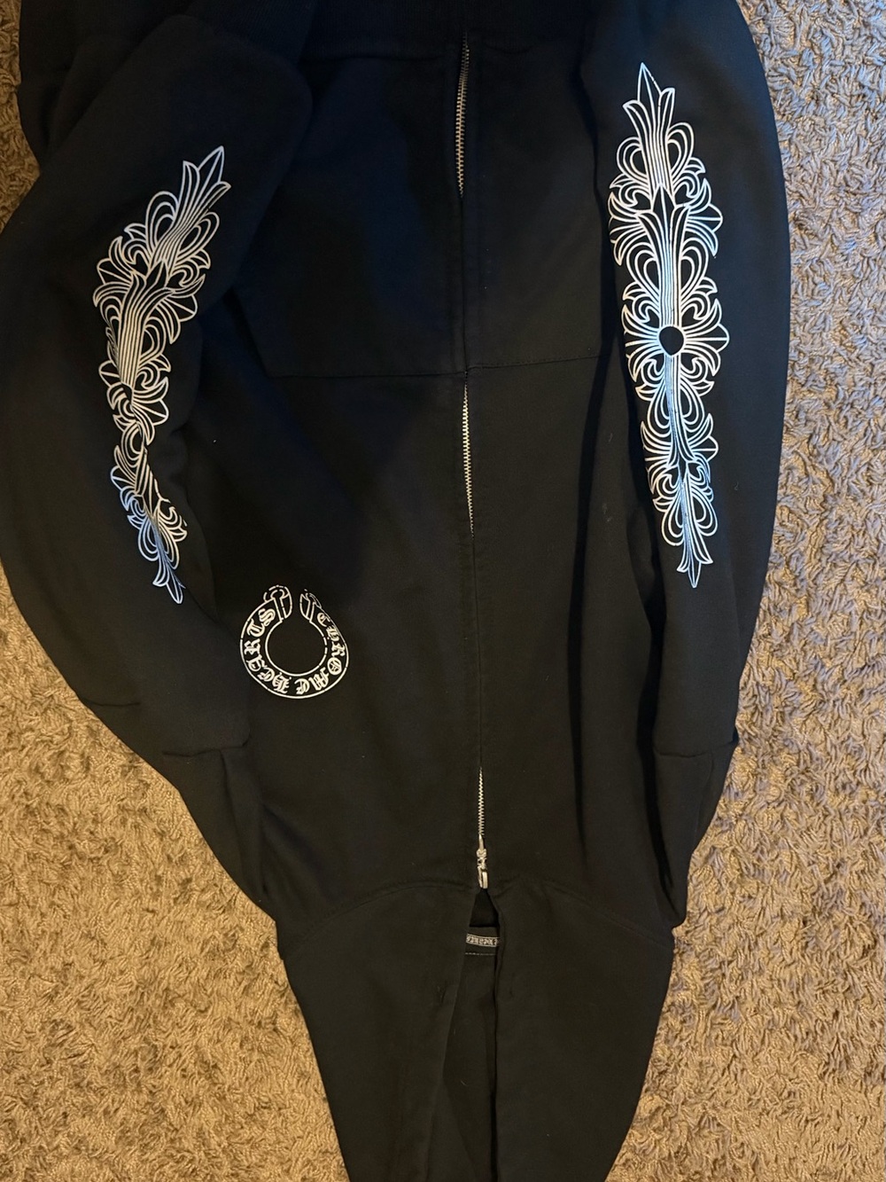 Chrome Hearts Black Zip-Up Hoodie Jacket with White Sleeve Graphics